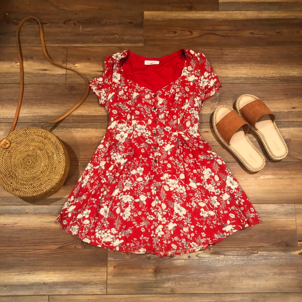 Forever 21 Red Floral Pattern Dress w Button Down